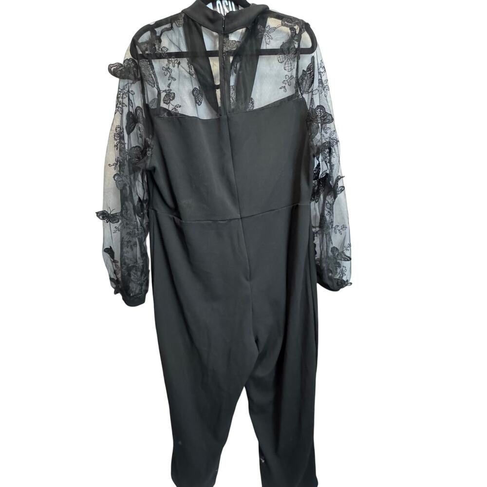 Black Butterfly Mesh Sleeve Jumpsuit Mock Neck Tie Front Tapered Leg Plus Size